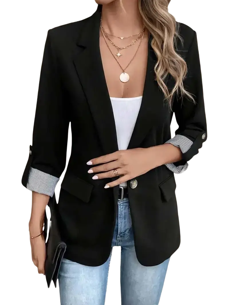 Black blazer with rolled-up sleeves revealing striped cuffs and a single button closure for women