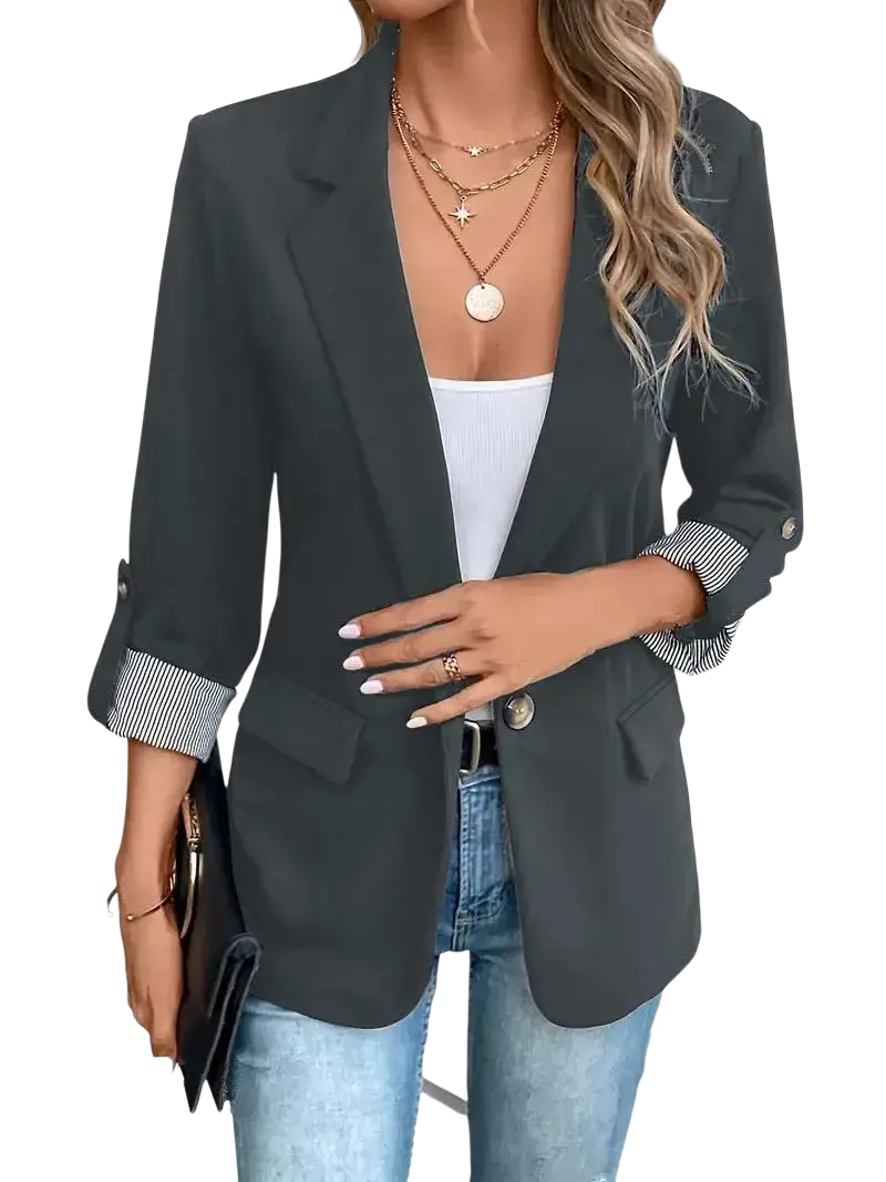 Black women blazer with rolled-up sleeves revealing striped cuffs and single button closure for formal wear