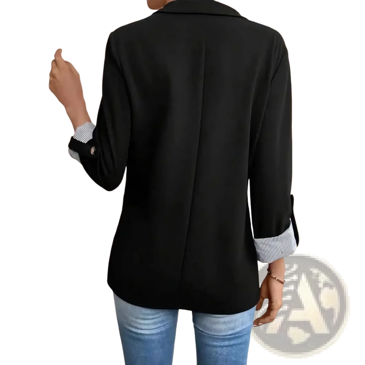 Black single button women blazer with rolled-up sleeves revealing striped cuffs, suitable for formal wear