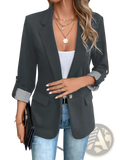 Black women blazer with rolled-up sleeves revealing striped cuffs and single button closure for formal wear