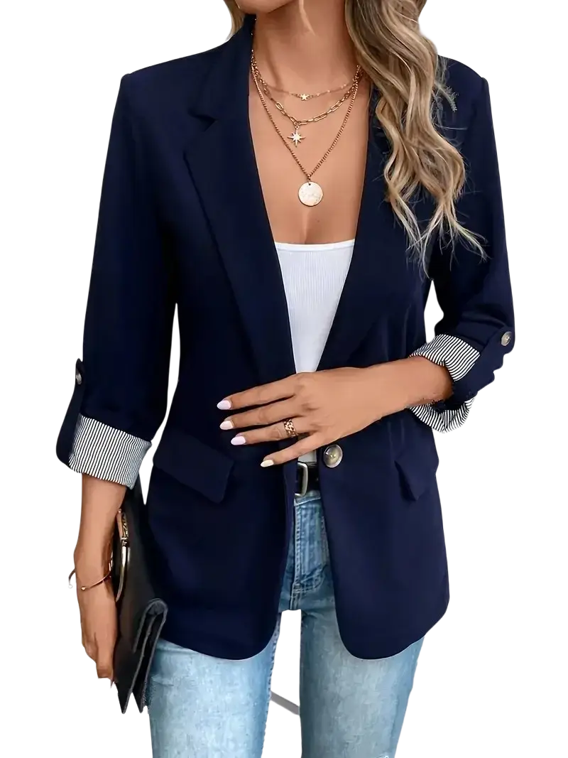 Navy blue women striped cuff single button blazer with gold buttons and tailored fit for formal occasions