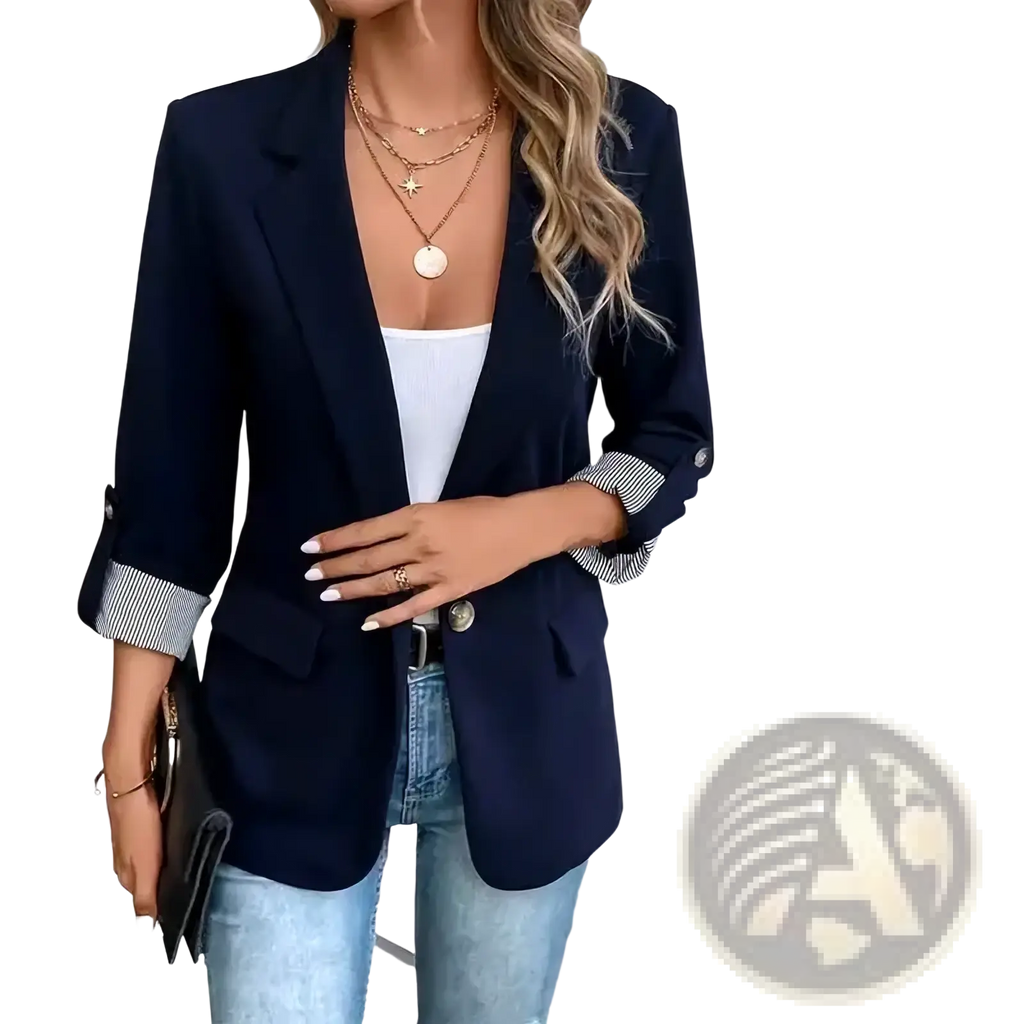 Navy blue women striped cuff blazer with single button closure featuring tailored fit and formal design