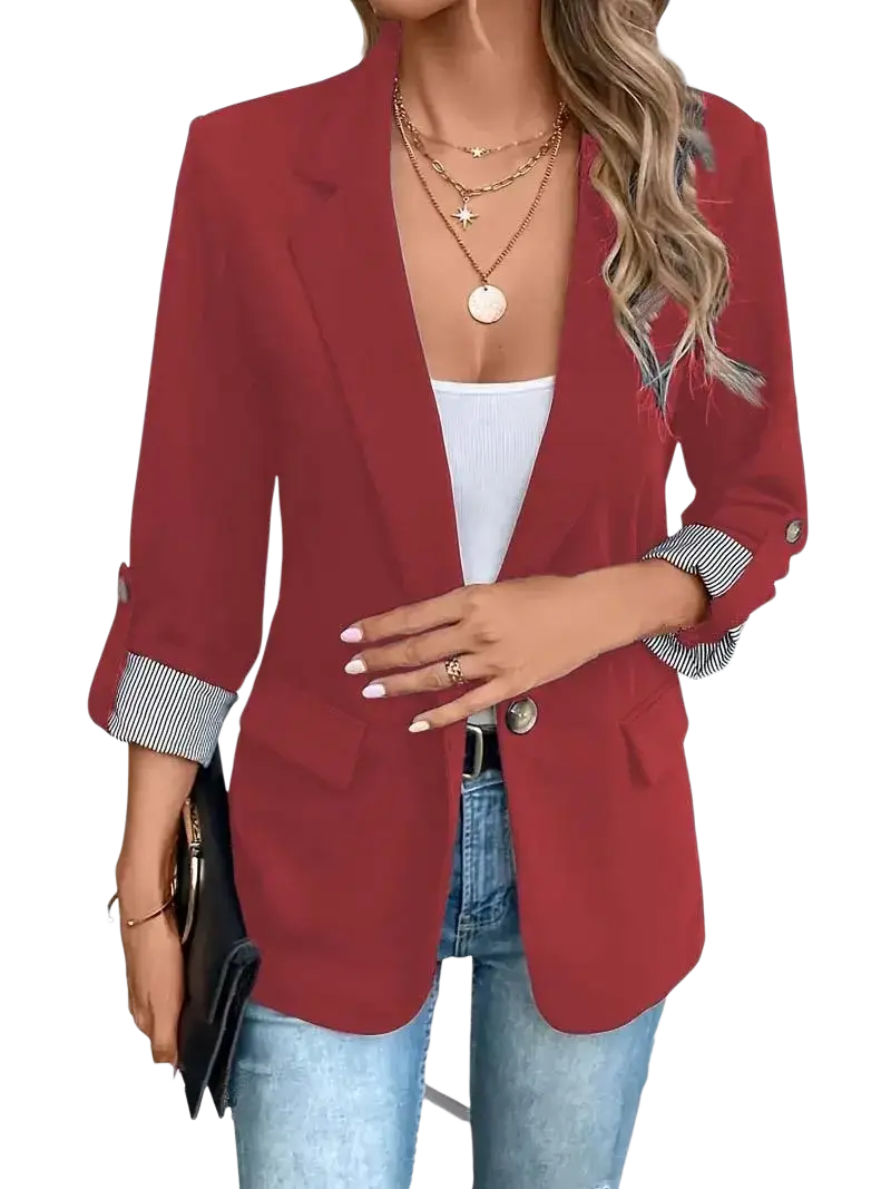 Women red blazer with striped cuffs and single button closure made from tailored fabric for formal wear