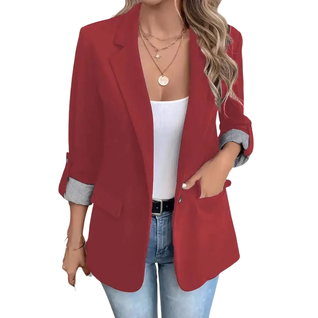 A vibrant red women striped cuff single button blazer with rolled-up sleeves and a tailored fit