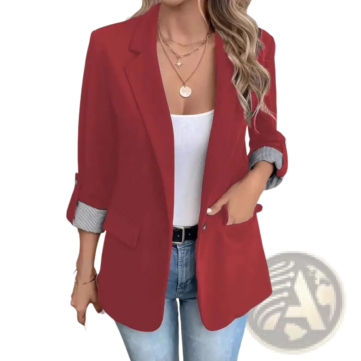 A vibrant red women striped cuff single button blazer with rolled-up sleeves and a tailored fit