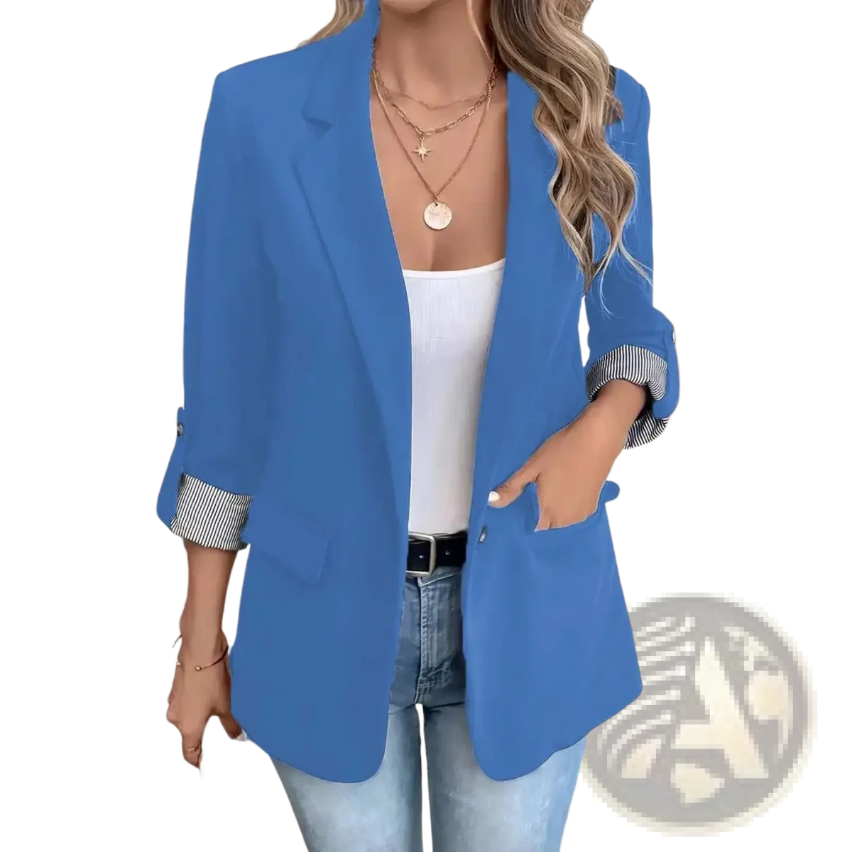 A vibrant royal blue women striped cuff single button blazer with rolled-up sleeves revealing striped inner lining