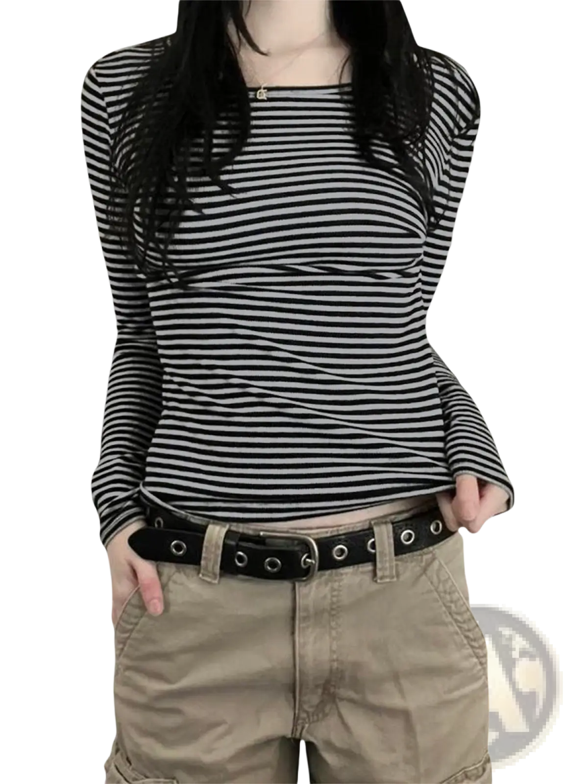 Women striped long sleeve slim fit t shirt in black and white with a fitted ruched bodice design