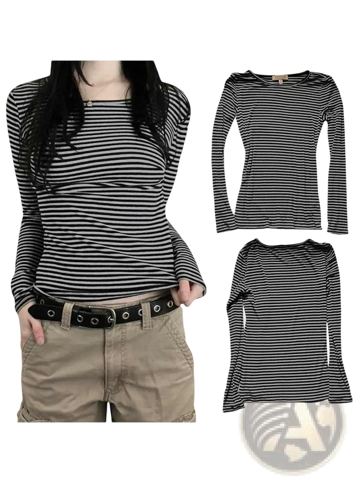 Women striped long sleeve slim fit t shirt in black and white with boat neckline and horizontal stripes