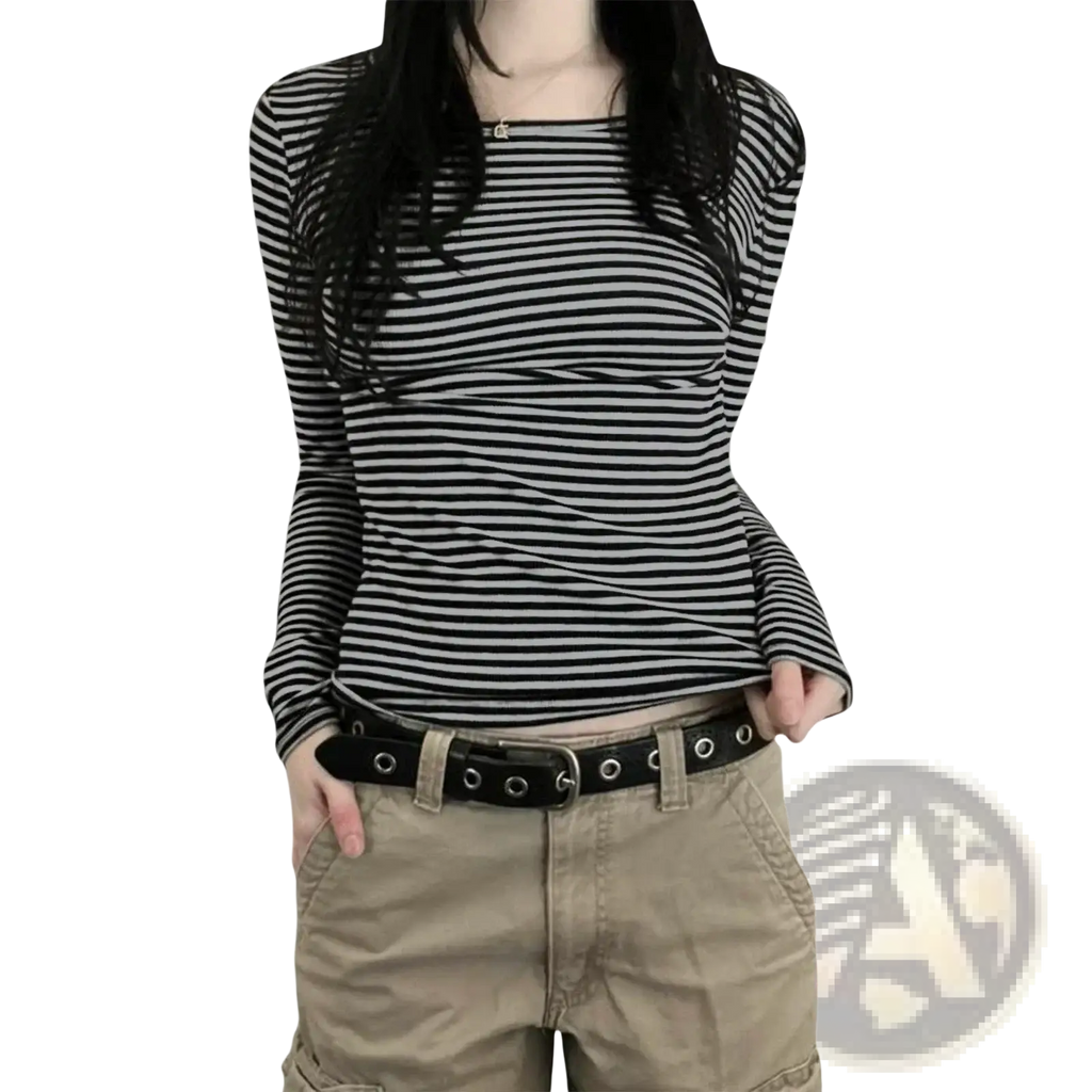 Women striped long sleeve slim fit t shirt with black and white horizontal stripes and a fitted ruched design