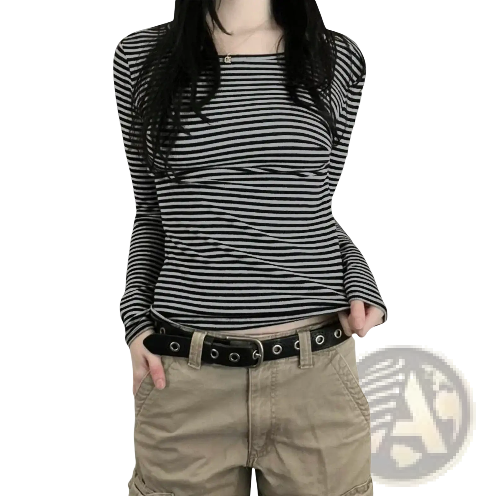 Women striped long sleeve slim fit t shirt with black and white horizontal stripes and a fitted ruched design
