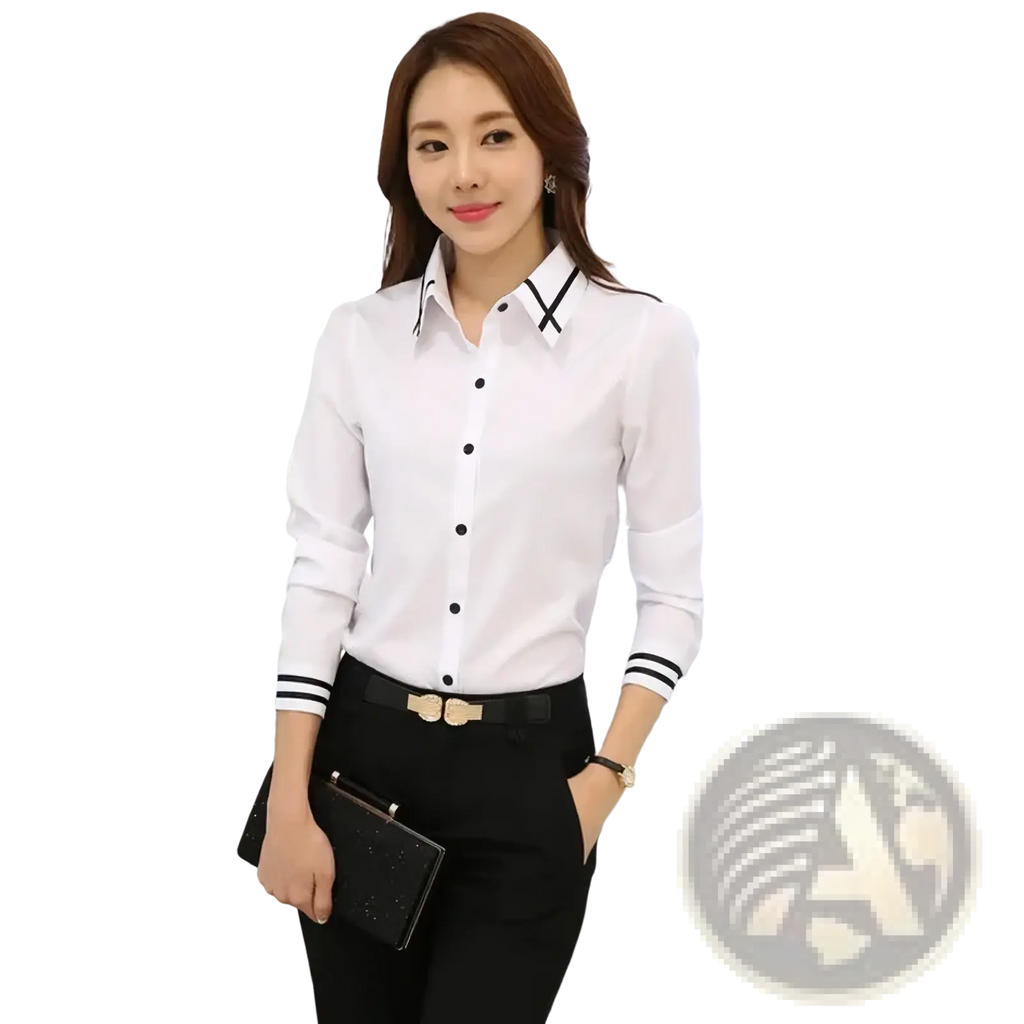 White long-sleeved formal blouse with black trim at collar and cuffs ideal for workwear and professional settings