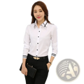 White long-sleeved formal blouse with black trim at collar and cuffs ideal for workwear and professional settings