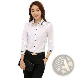 White long-sleeved formal blouse with black trim at collar and cuffs ideal for workwear and professional settings