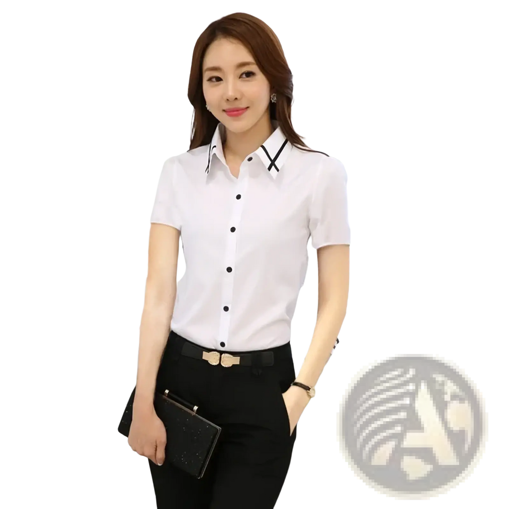 White short-sleeved button-up blouse with black collar trim designed for formal workwear occasions