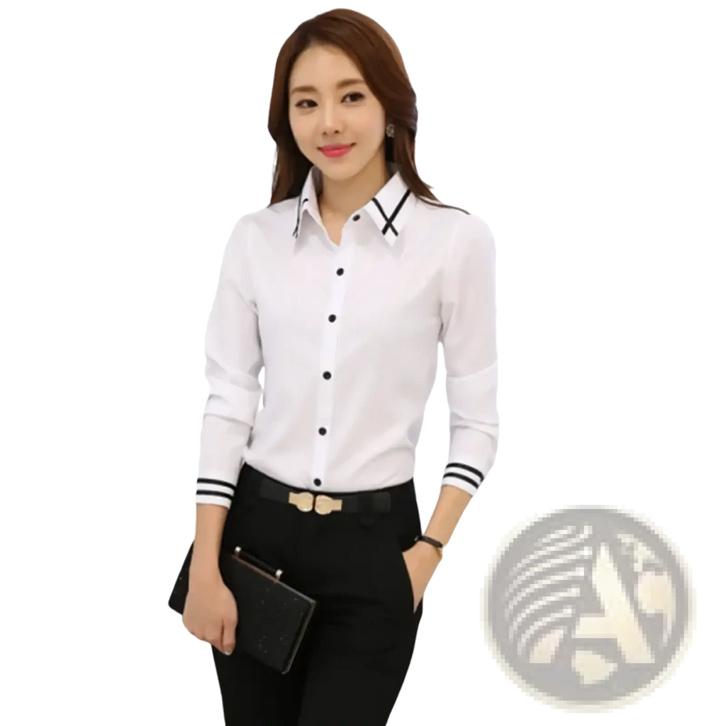 Women striped work shirt long sleeve formal blouse in white with black trim on collar and cuffs, button-up style