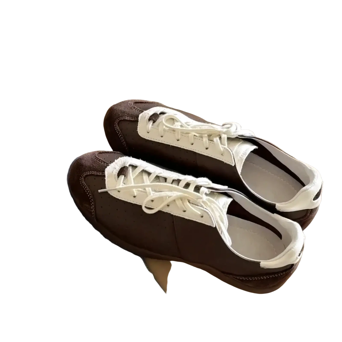 Women suede casual low-top sneakers in brown and white suede with a lightweight breathable retro design