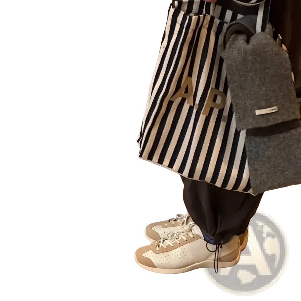 Black and white striped canvas tote bag with gold lettering paired with women suede casual lightweight white tennis shoes