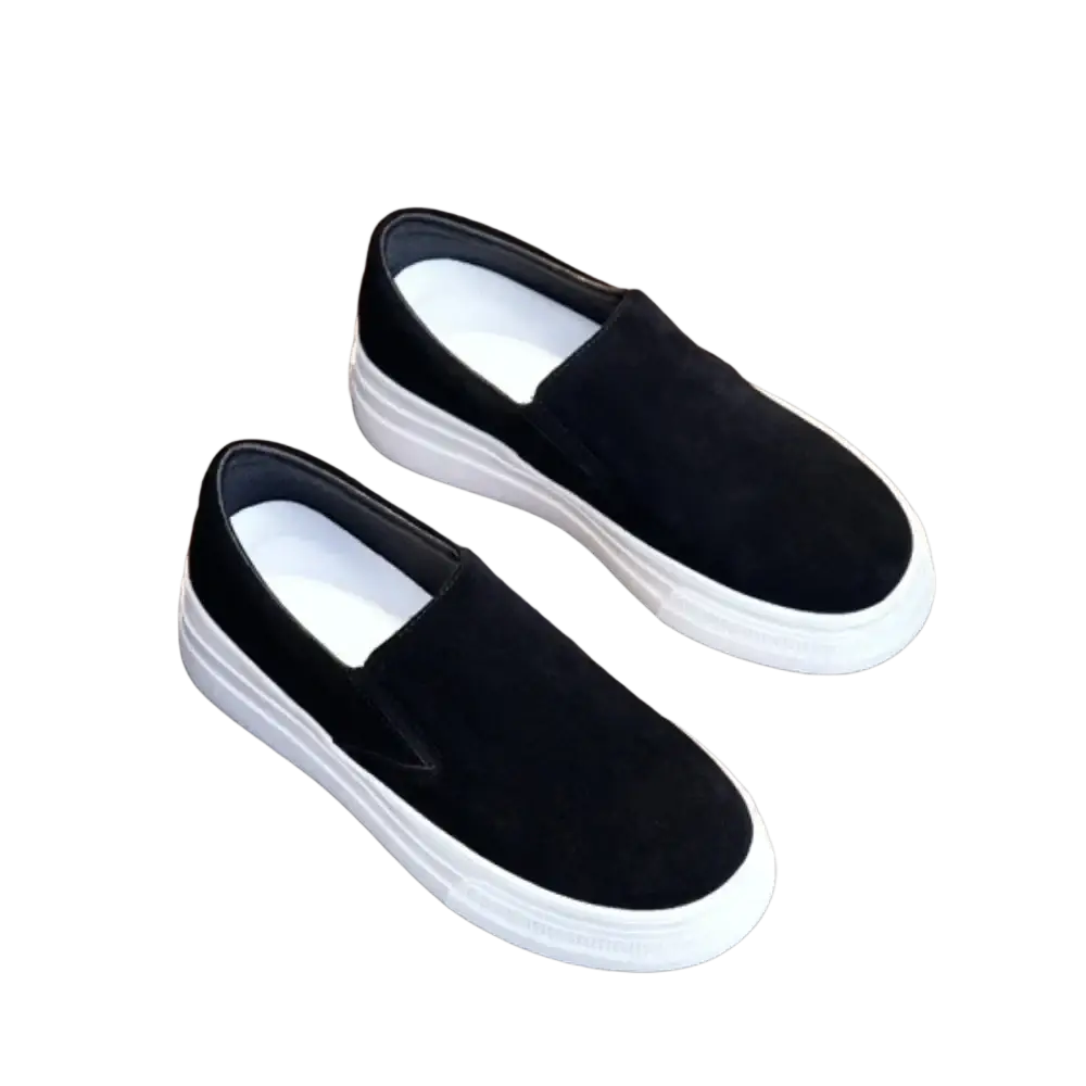 Women suede platform slip on sneakers in black suede with a thick white rubber sole for casual wear