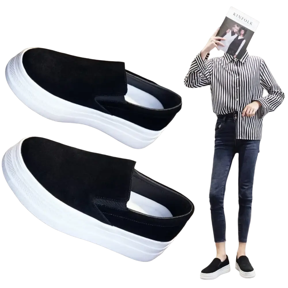 Women suede platform slip on sneakers in black suede with a thick white rubber sole for casual wear