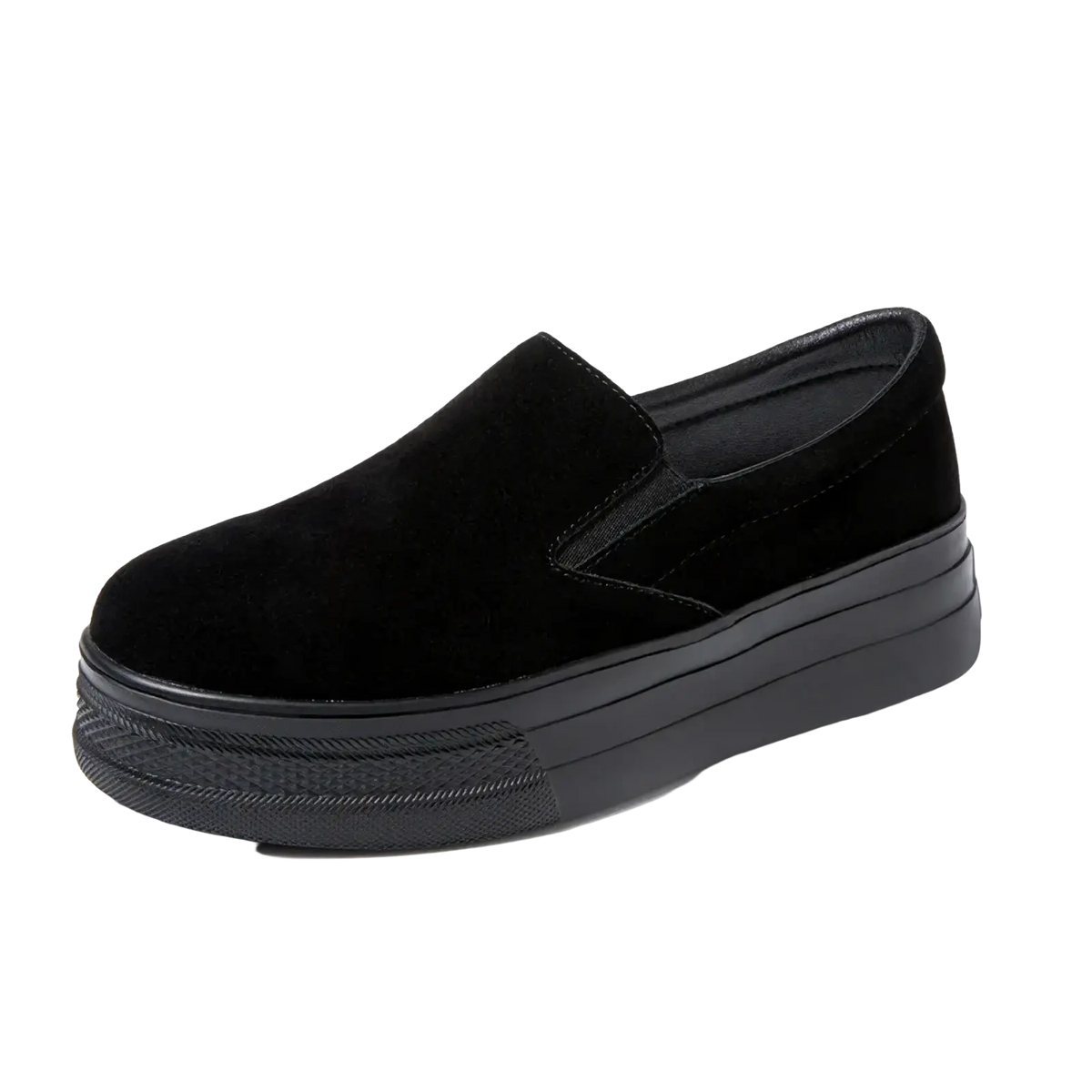 Black suede women platform slip on sneaker with thick sole for casual and stylish wear