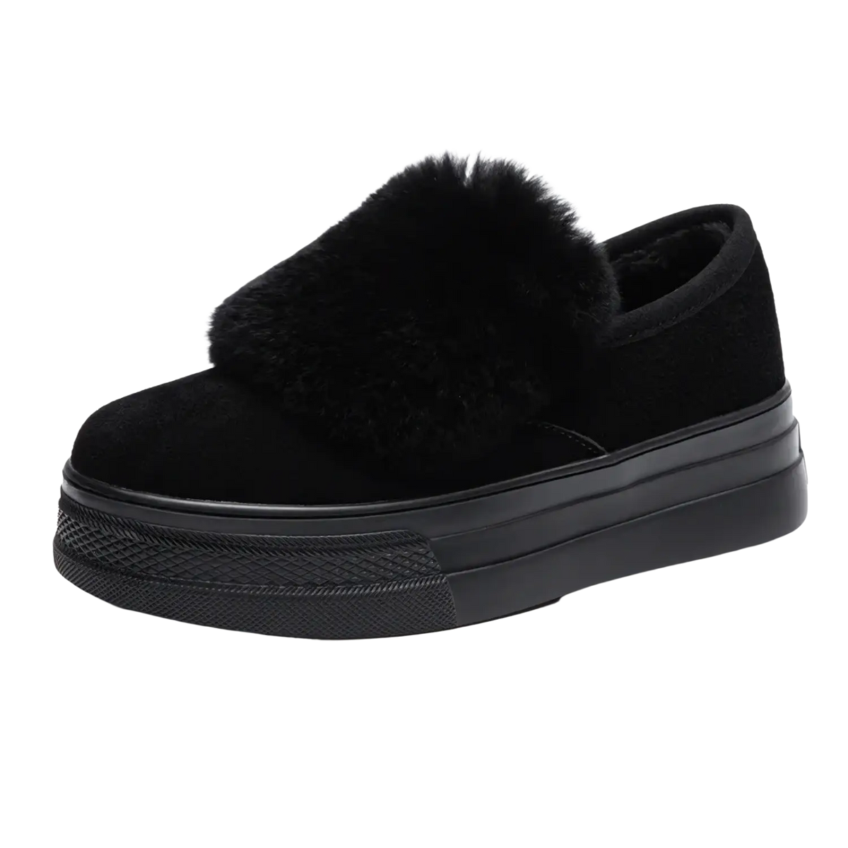 Women suede platform slip on sneakers in black with plush faux fur trim and chunky sole for casual wear