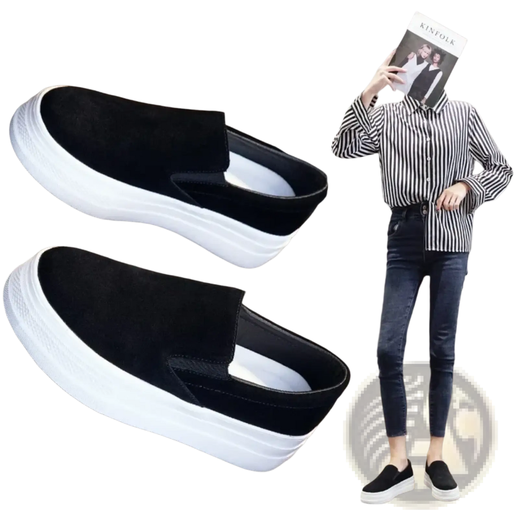 Women suede platform slip on sneakers in black suede with a thick white rubber sole for casual wear