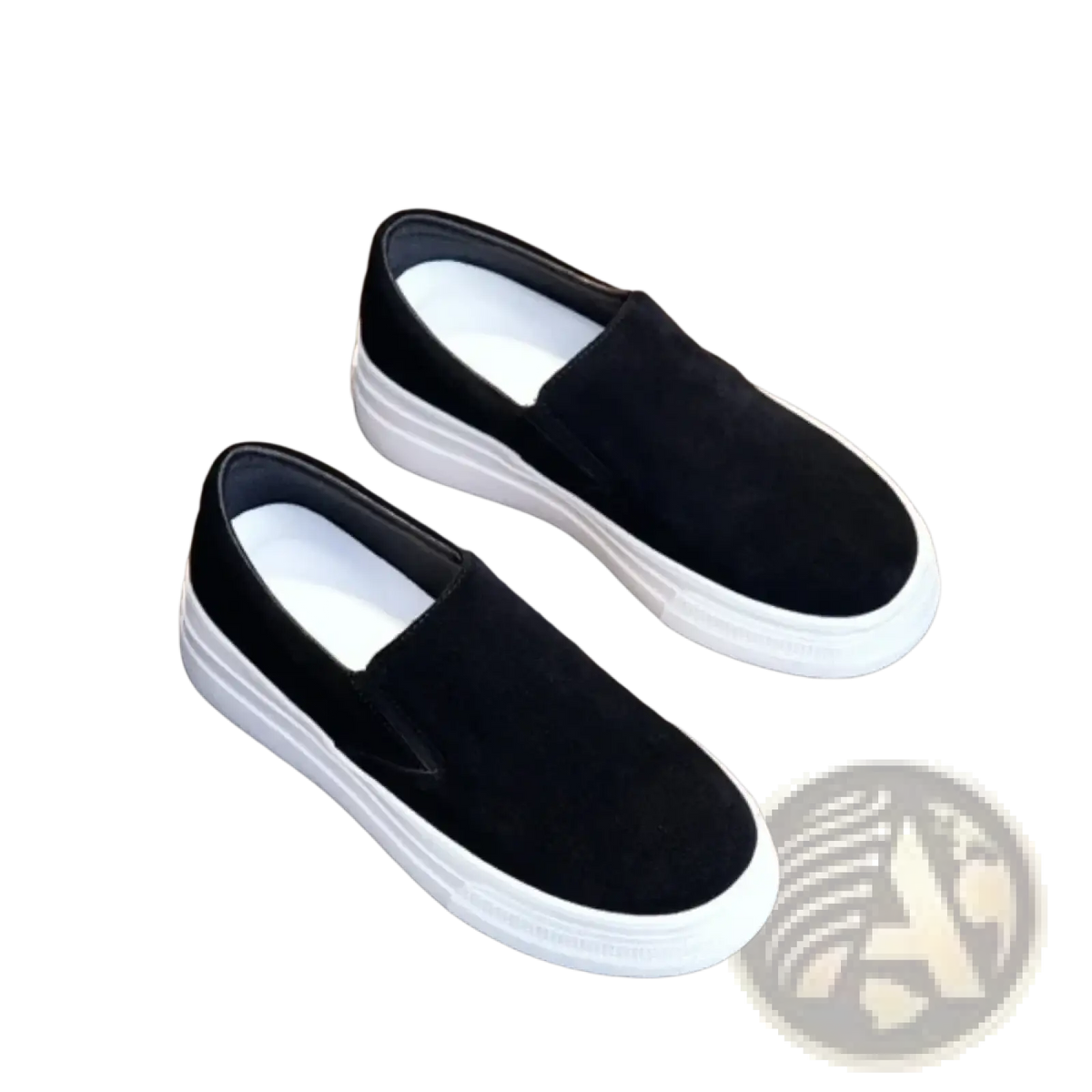 Women suede platform slip on sneakers in black suede with a thick white rubber sole for casual wear
