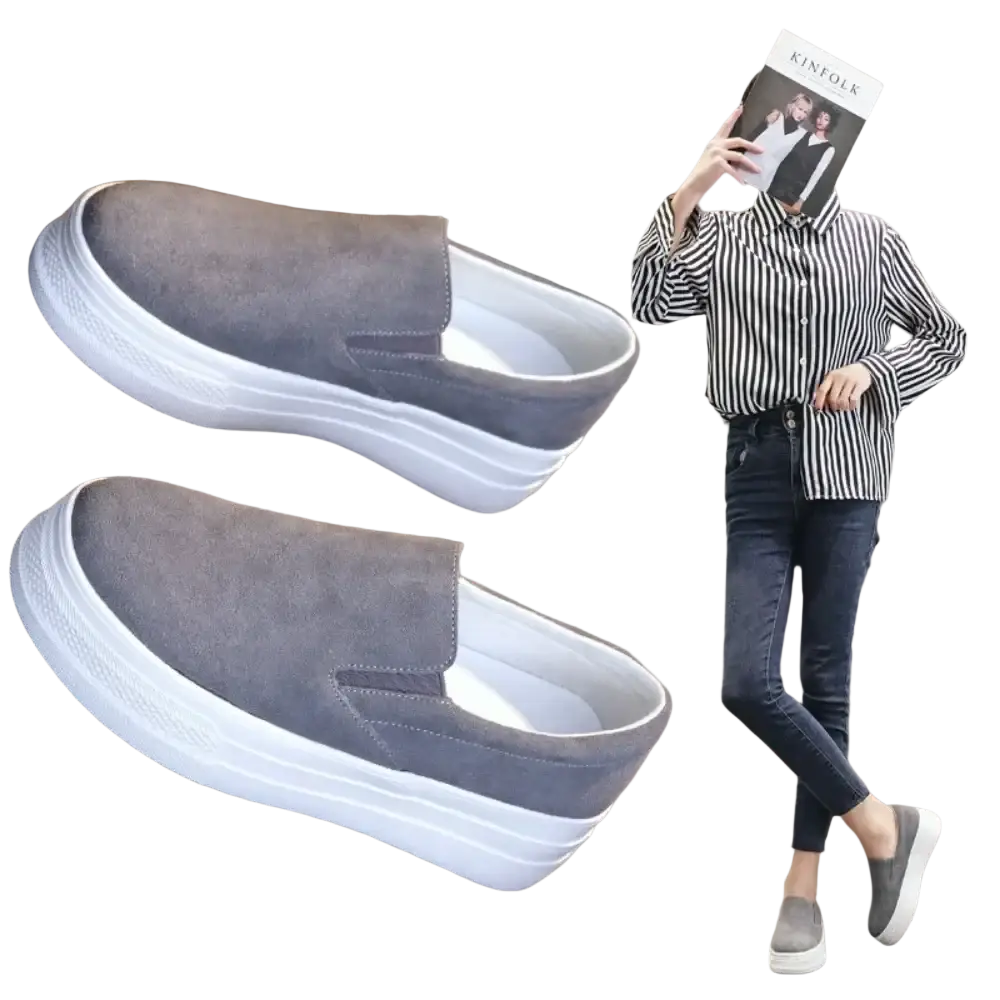 Women suede platform slip-on sneakers in gray with a thick white rubber sole for casual wear