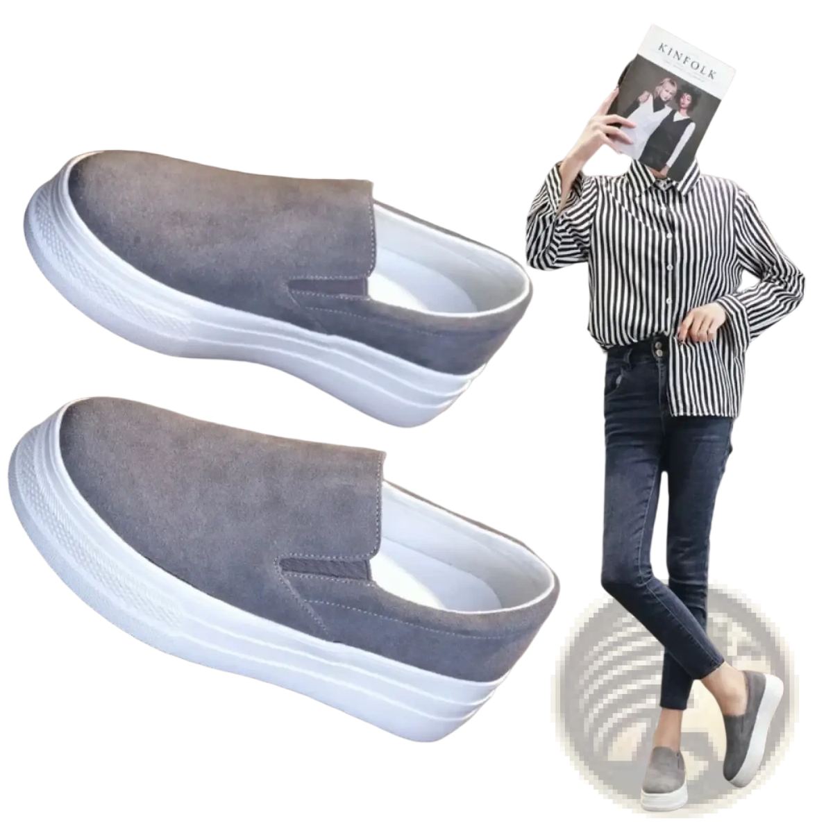 Women suede platform slip-on sneakers in gray with a thick white rubber sole for casual wear