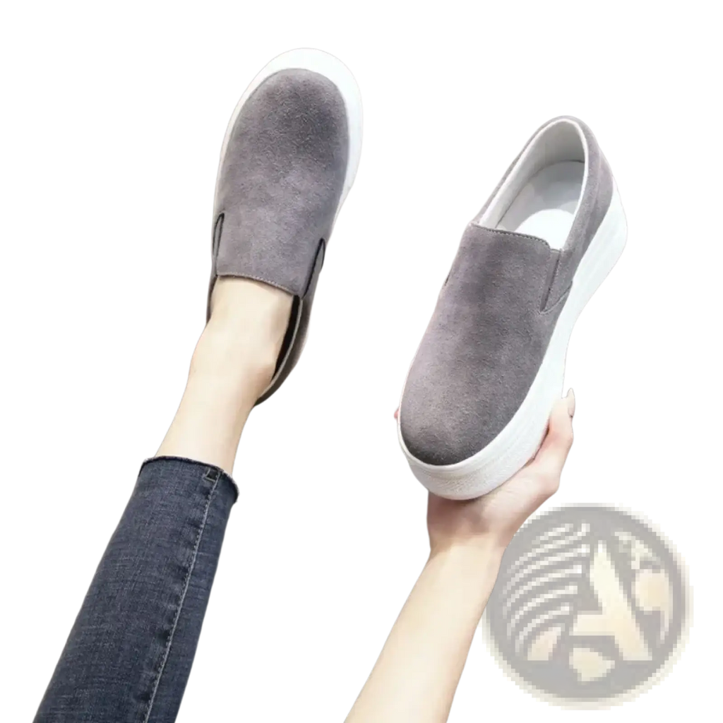 Women suede platform slip on sneakers in gray suede with a thick white platform sole for casual wear