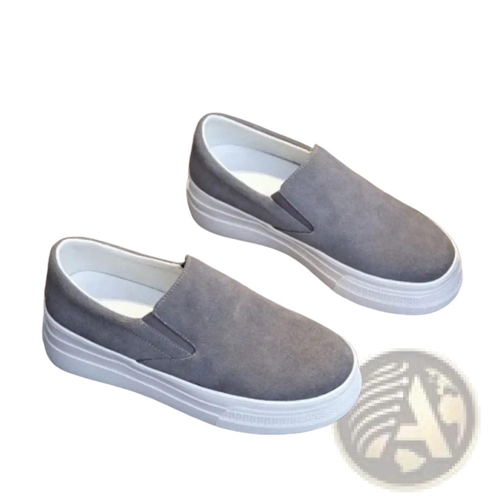 Women suede platform slip on sneakers in gray suede with a thick white rubber sole for casual wear