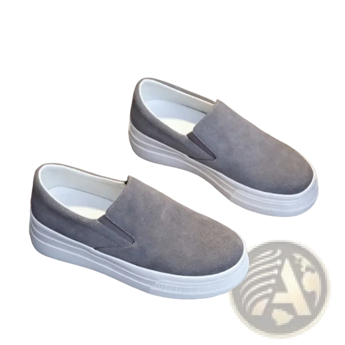 Women suede platform slip on sneakers in gray suede with a thick white rubber sole for casual wear