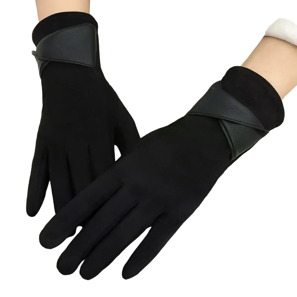 Black knit women suede touchscreen winter gloves with matte faux leather cuff and elegant cross-over wrist design back side