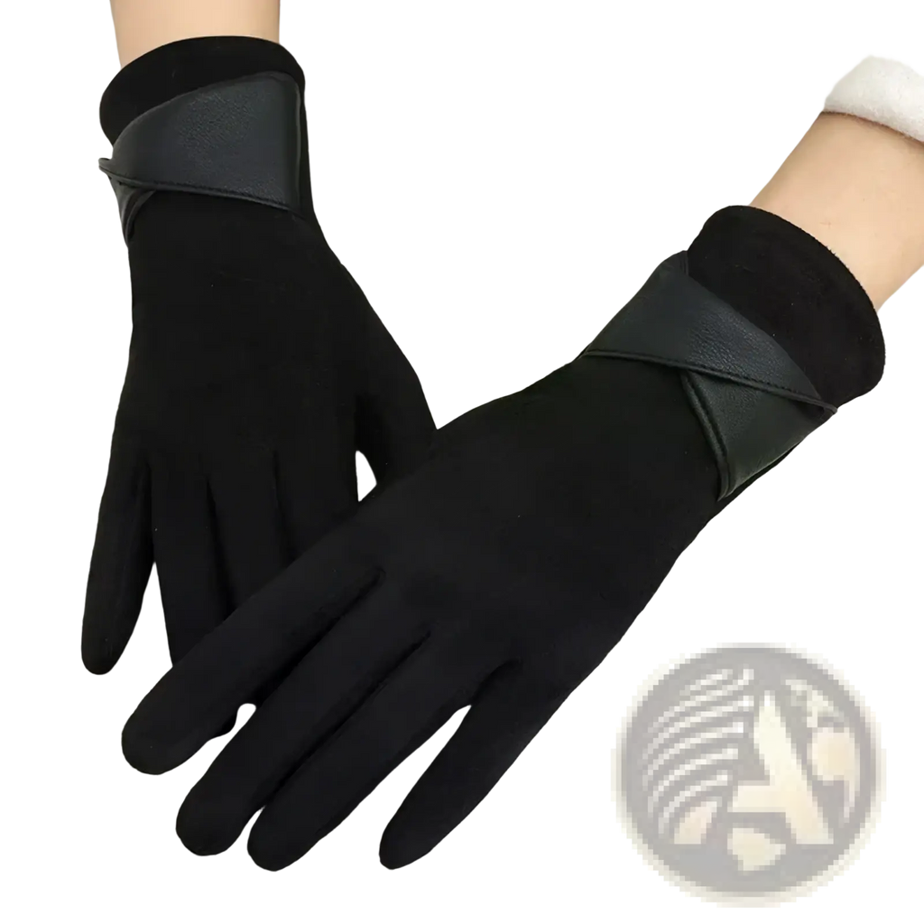 Black knit women suede touchscreen winter gloves with matte faux leather cuff in elegant cross over wrist design back view