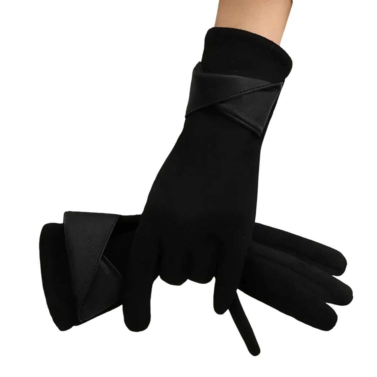 Black women suede touchscreen winter gloves with sleek satin finish and angular strap design at the wrist back side