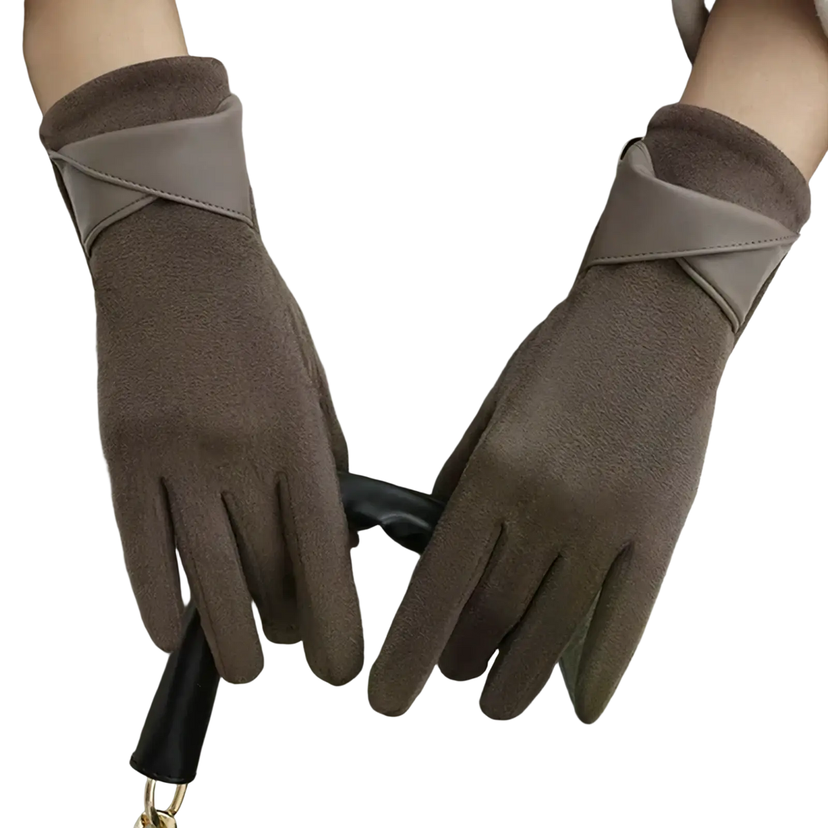 Brown suede touchscreen winter gloves with warm driving design and contrasting gray leather strap on the back side