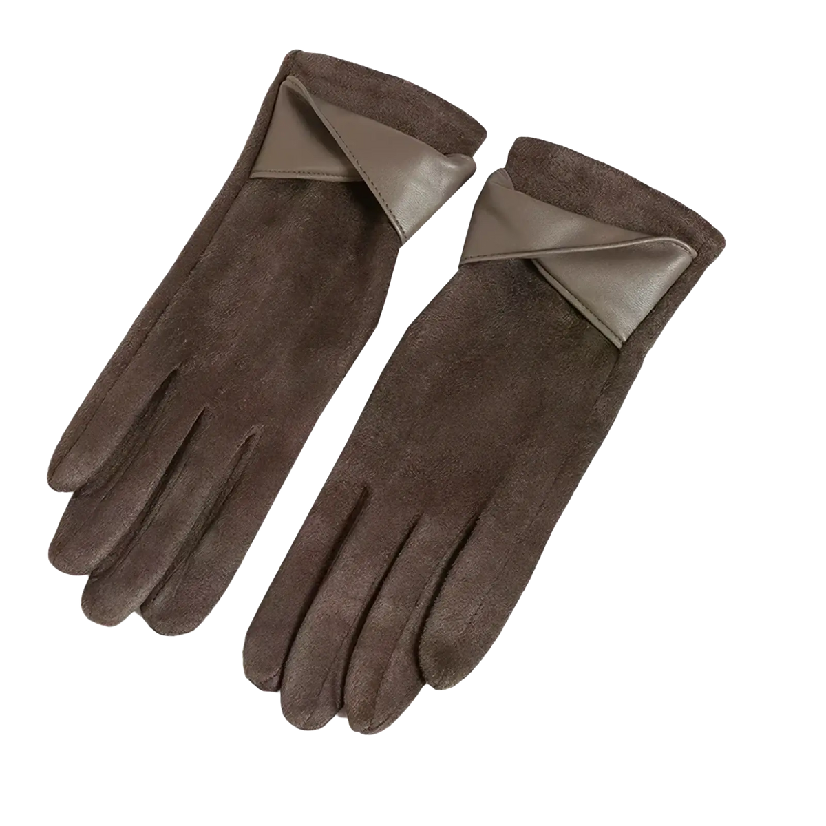 Women suede touchscreen winter gloves in brown suede with tan leather cuff shown from the back side