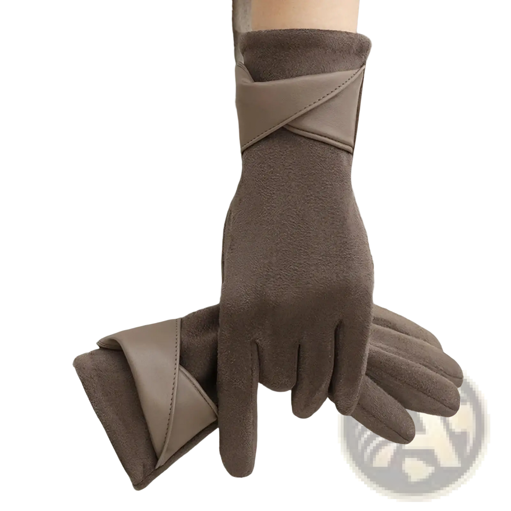 Women suede touchscreen winter gloves in brown suede with lighter leather cuffs and stitched detailing shown from the back