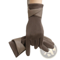 Women suede touchscreen winter gloves in brown suede with lighter leather cuffs and stitched detailing shown from the back