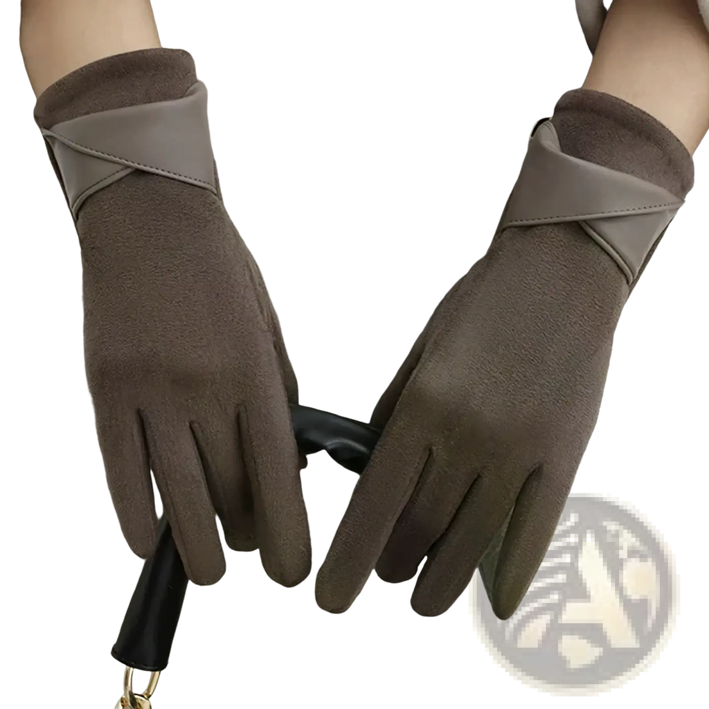 Brown suede touchscreen winter gloves with warm driving design and contrasting gray leather strap on the back side