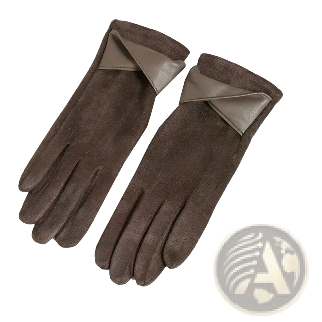 Women suede touchscreen winter gloves in brown suede with tan leather cuff shown from the back side