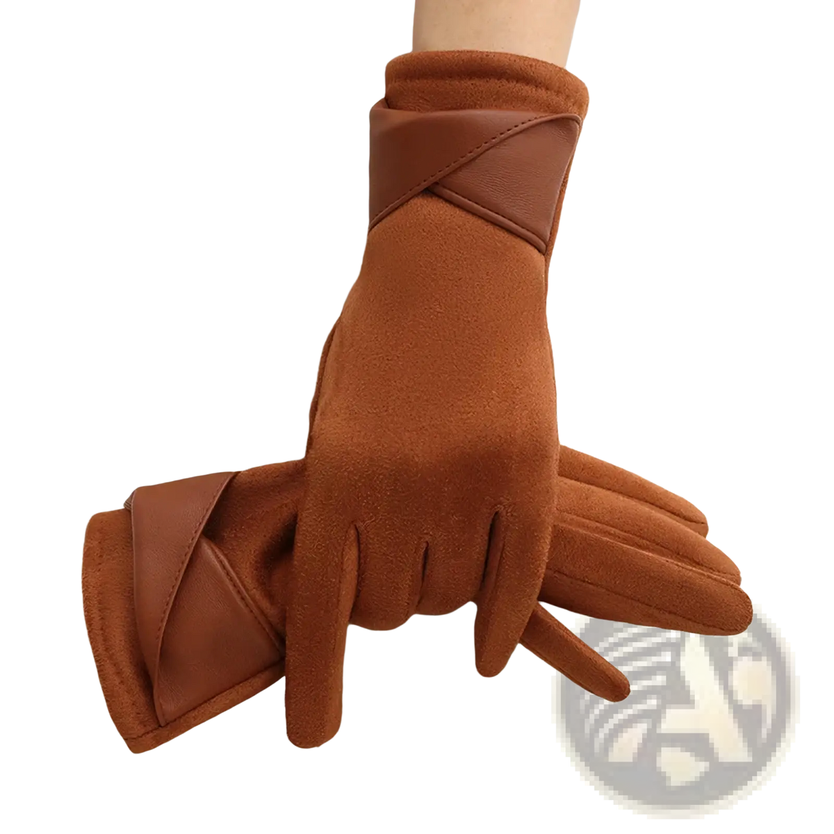 Orange women suede touchscreen winter gloves in faux suede and leather with cross-over wrist for warm driving use back view