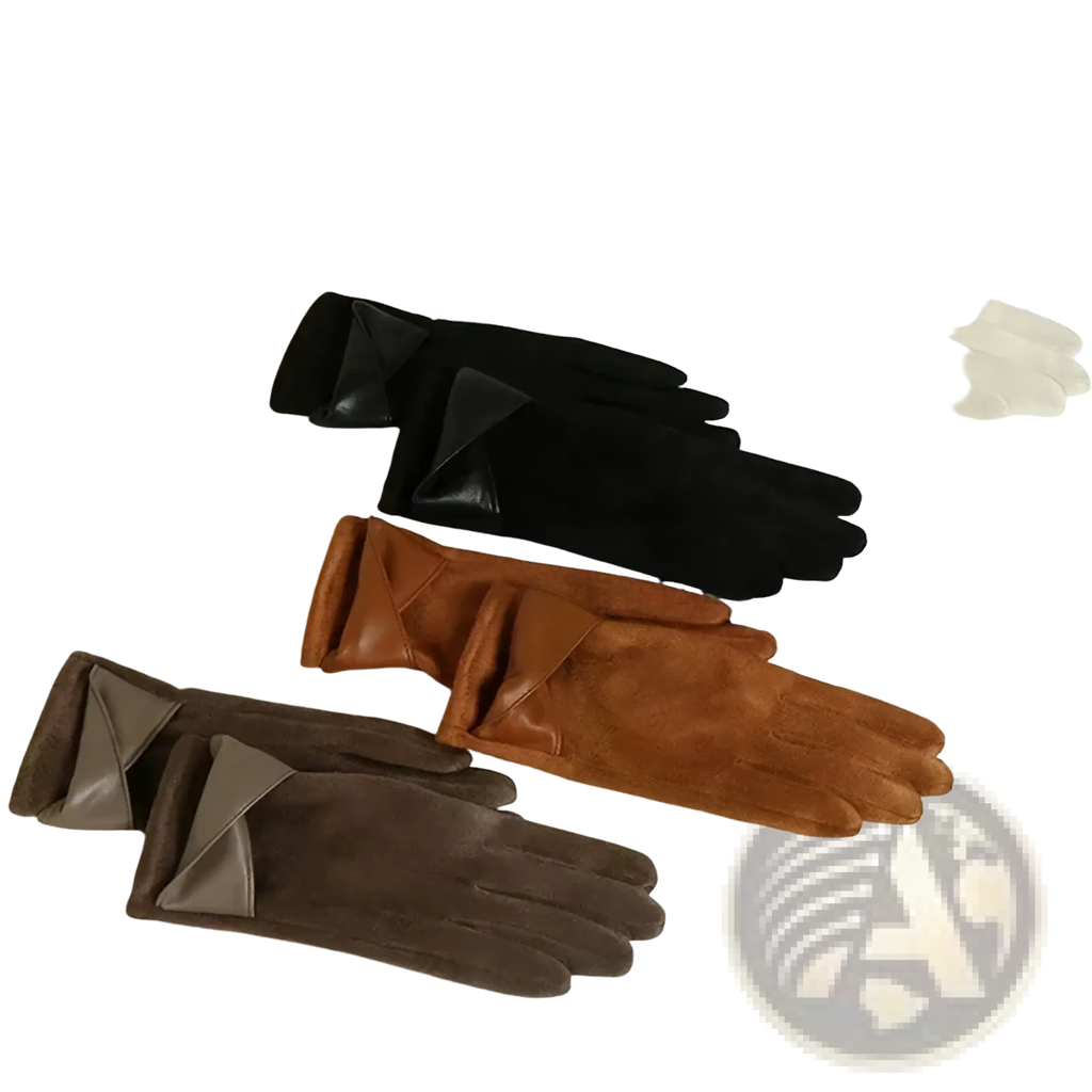 Set of three women suede touchscreen winter gloves in black brown and beige with contrasting leather cuffs for driving