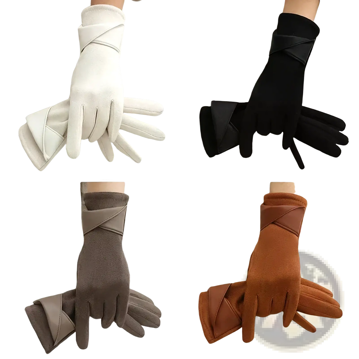 Women suede touchscreen winter gloves in white black brown and tan leather with wraparound wrist design shown from back side