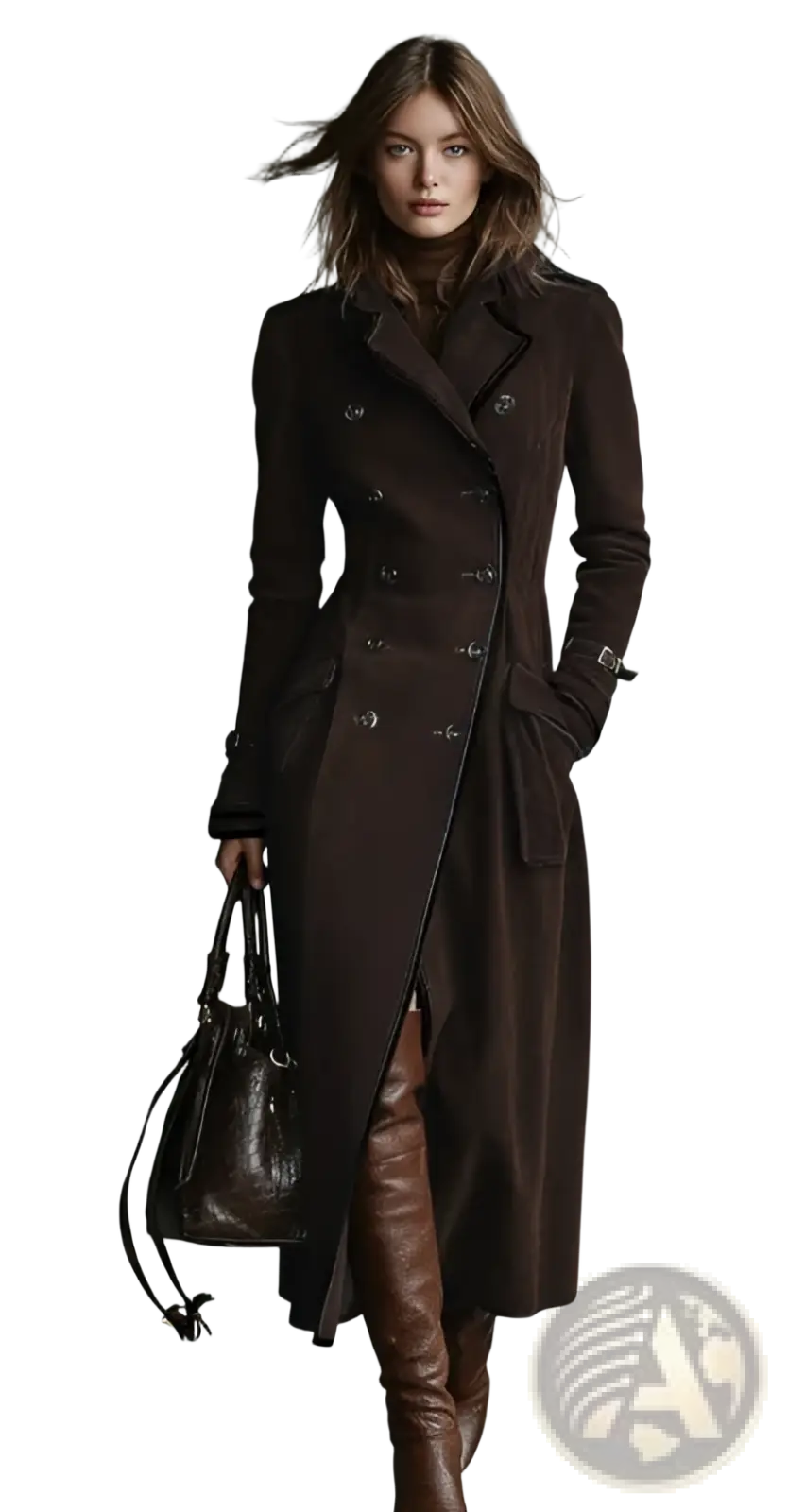 Women suede trench coat brown lapel long jacket featuring a double-breasted design with silver-toned buttons and belt details