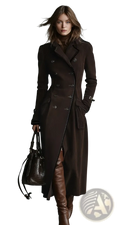 Women suede trench coat brown lapel long jacket featuring a double-breasted design with silver-toned buttons and belt details
