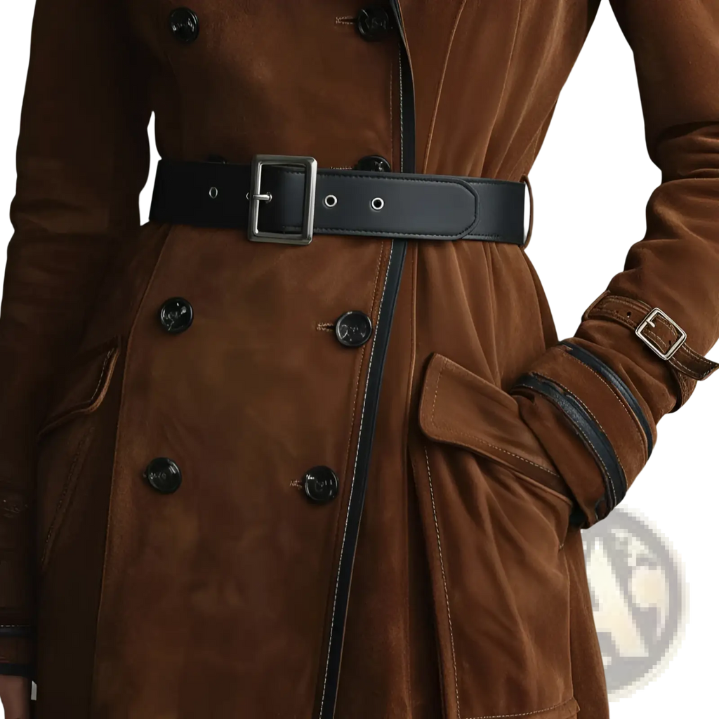 Black leather belt with silver toned buckle and matching stitching paired with women suede trench coat brown lapel long jacket