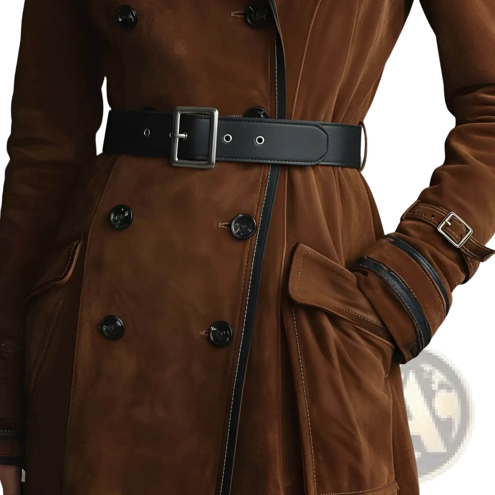 Black leather belt with silver toned buckle and matching stitching paired with women suede trench coat brown lapel long jacket