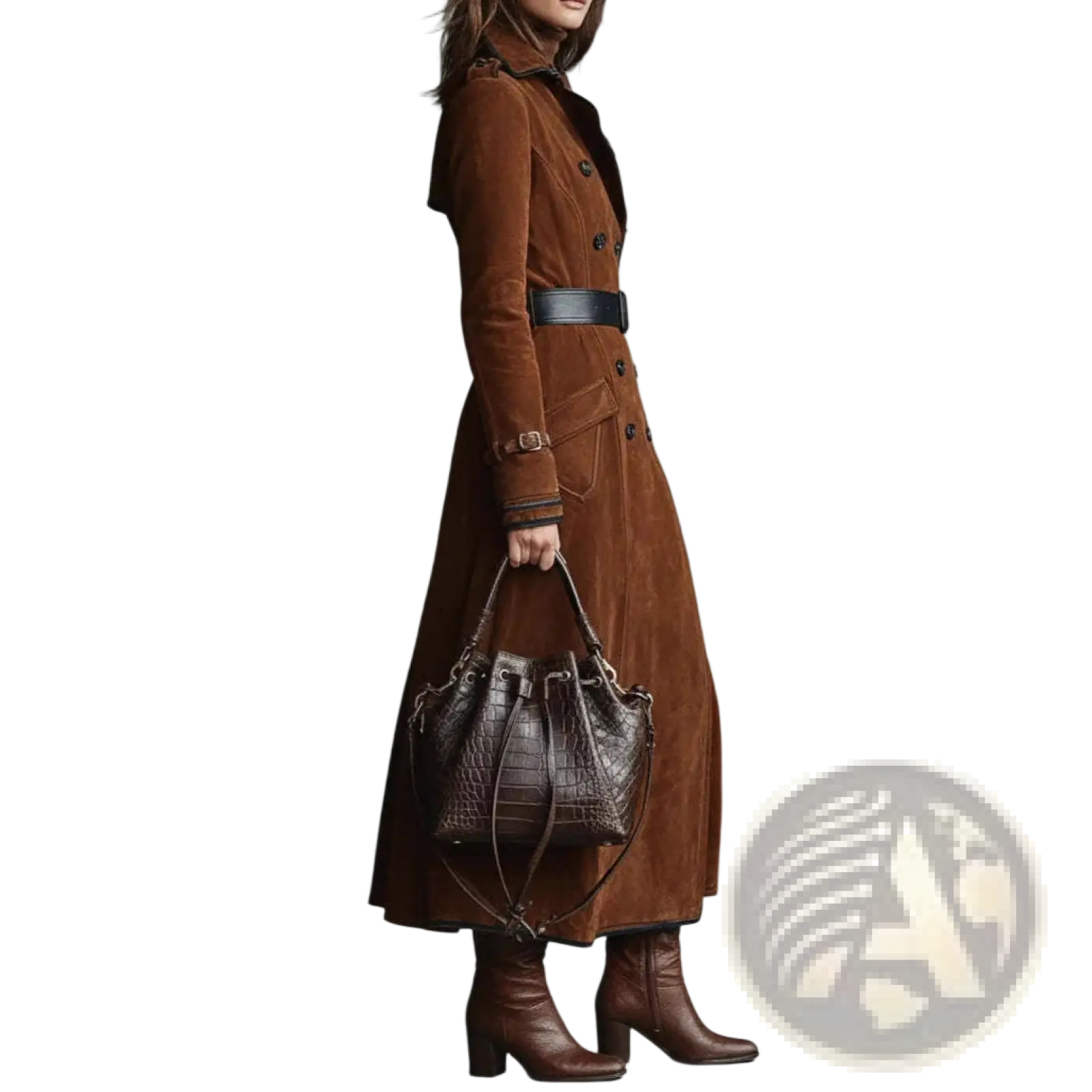 Brown crocodile-embossed leather bucket bag with adjustable shoulder straps complementing women suede trench coat