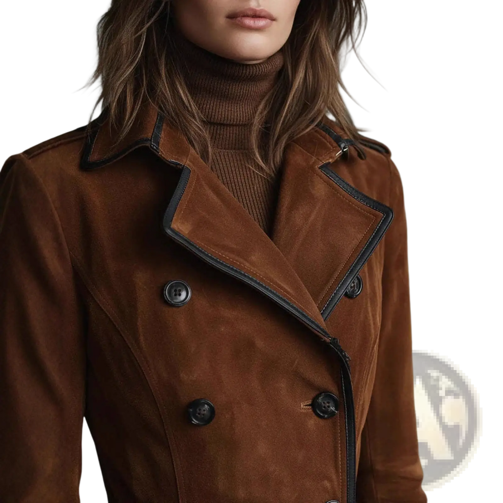 Women suede trench coat brown lapel long jacket in brown suede with black leather trim and double-breasted buttons
